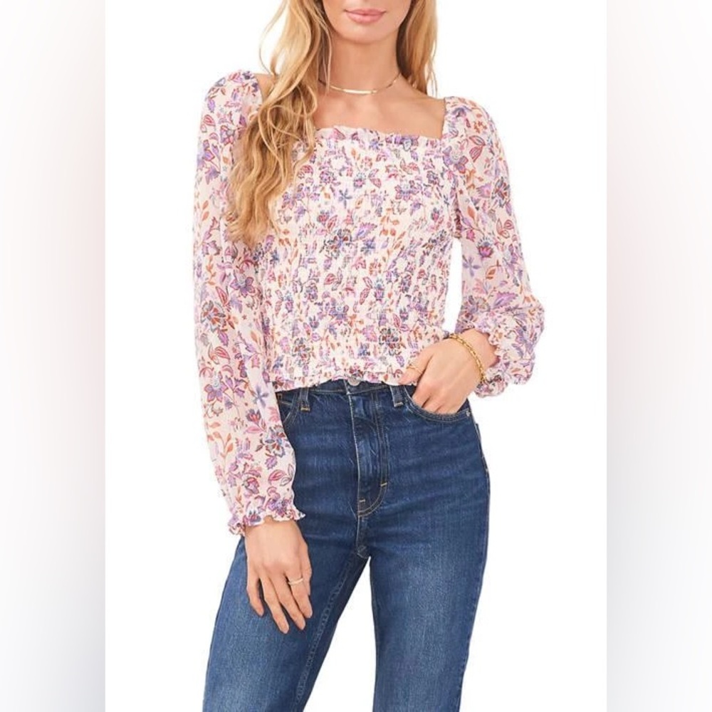 1.State Women's Long Blouson Sleeve Smocked Bodice Top in Ivory/Pink Multi